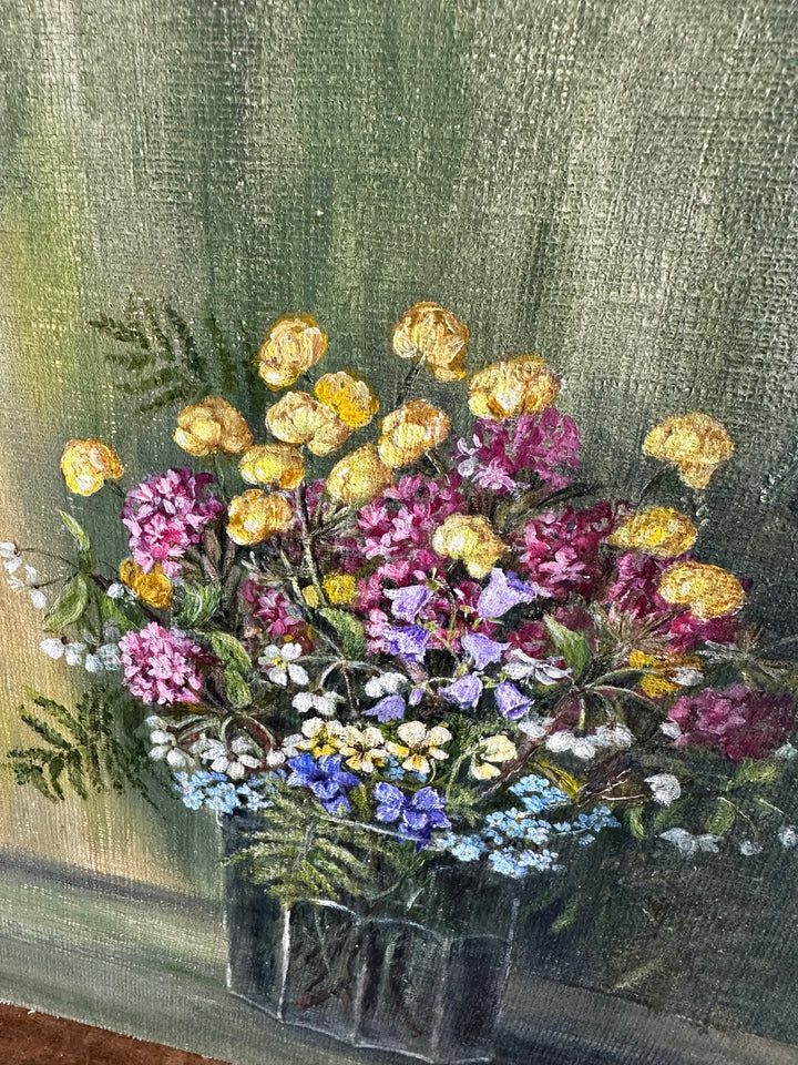 Peinture bouquet de fleurs sur toile signée fleurs roses jaunes et violettes