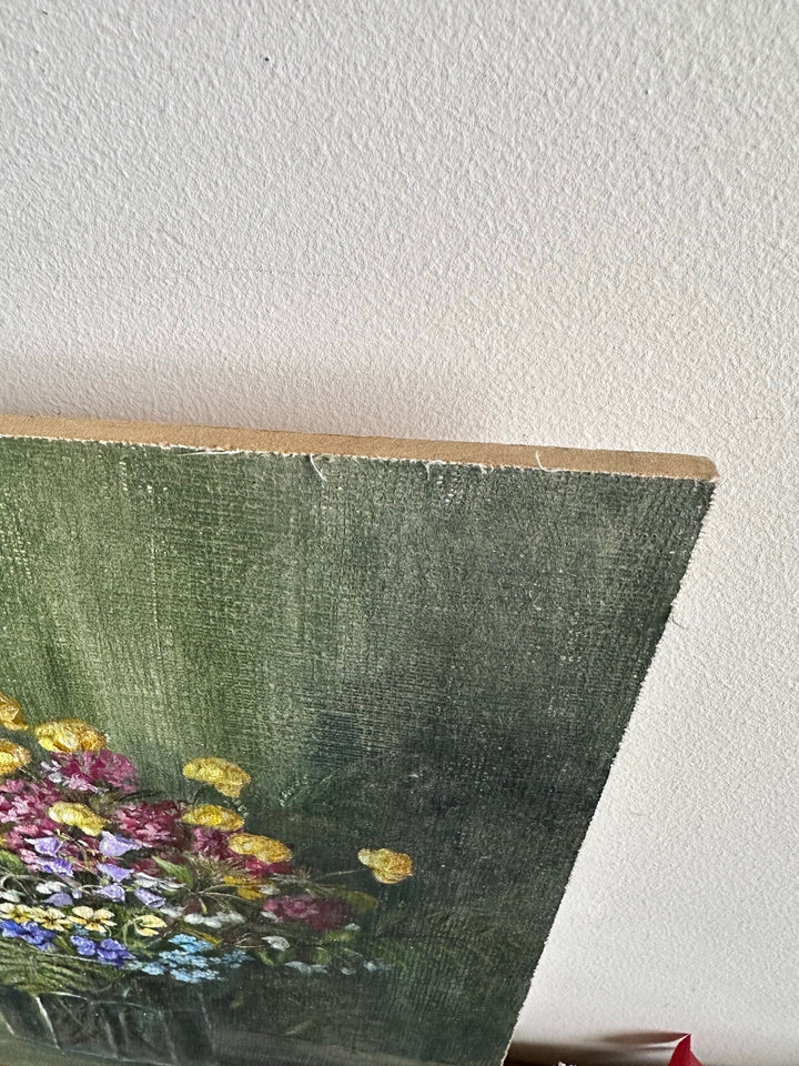 Peinture bouquet de fleurs sur toile signée fleurs roses jaunes et violettes