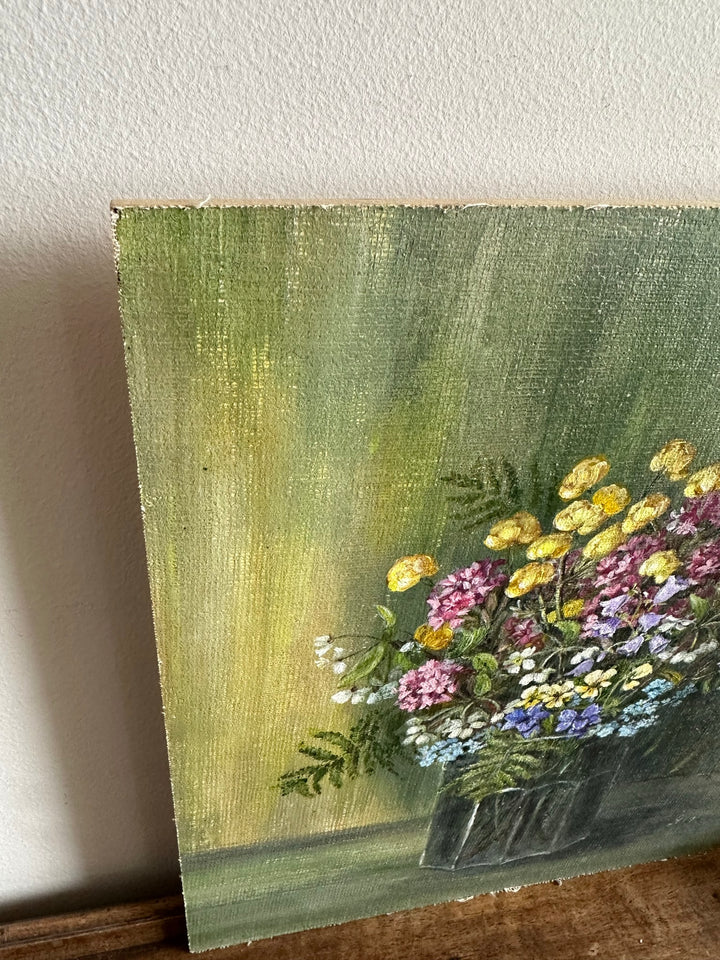 Peinture bouquet de fleurs sur toile signée fleurs roses jaunes et violettes