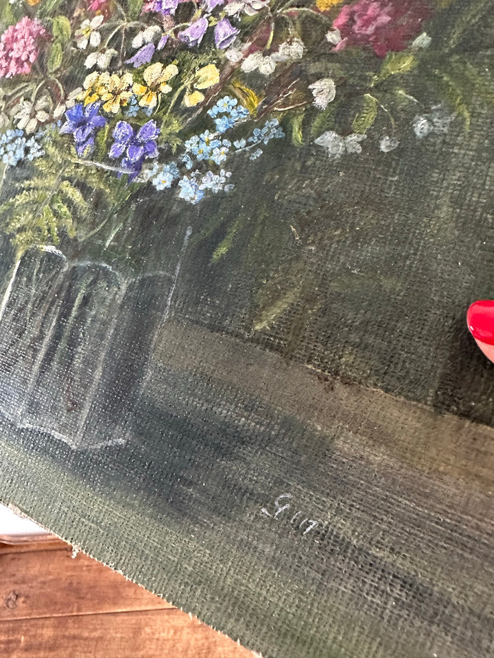 Peinture bouquet de fleurs sur toile signée fleurs roses jaunes et violettes