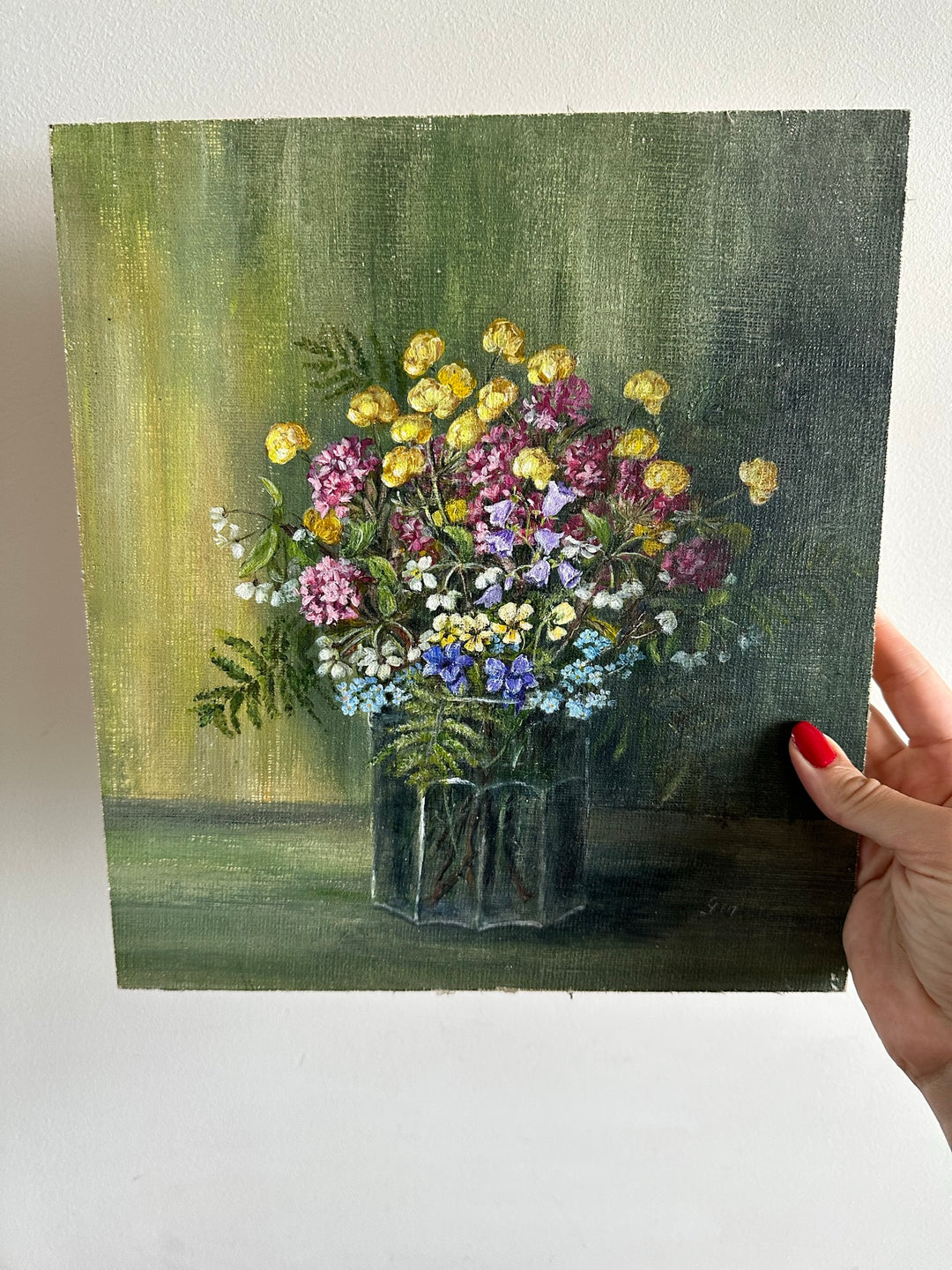 Peinture bouquet de fleurs sur toile signée fleurs roses jaunes et violettes