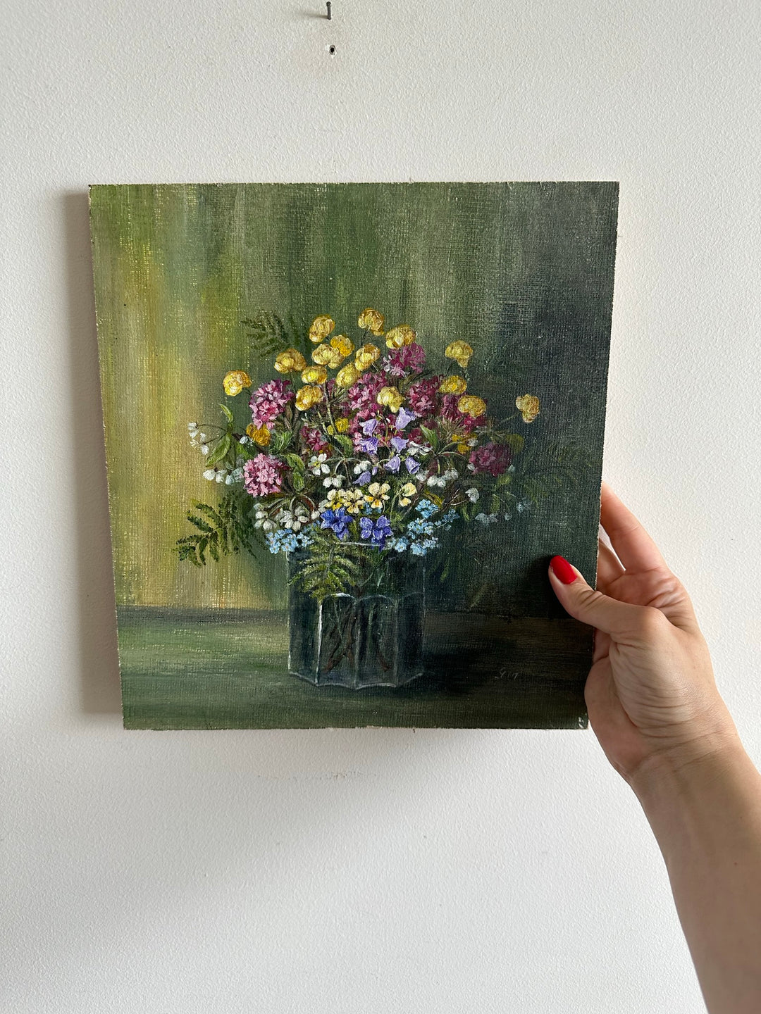 Peinture bouquet de fleurs sur toile signée fleurs roses jaunes et violettes