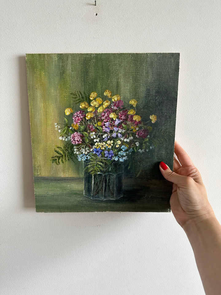 Peinture bouquet de fleurs sur toile signée fleurs roses jaunes et violettes