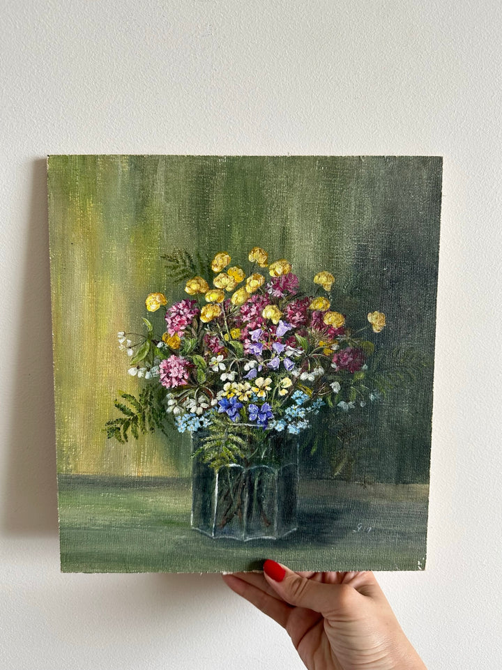 Peinture bouquet de fleurs sur toile signée fleurs roses jaunes et violettes