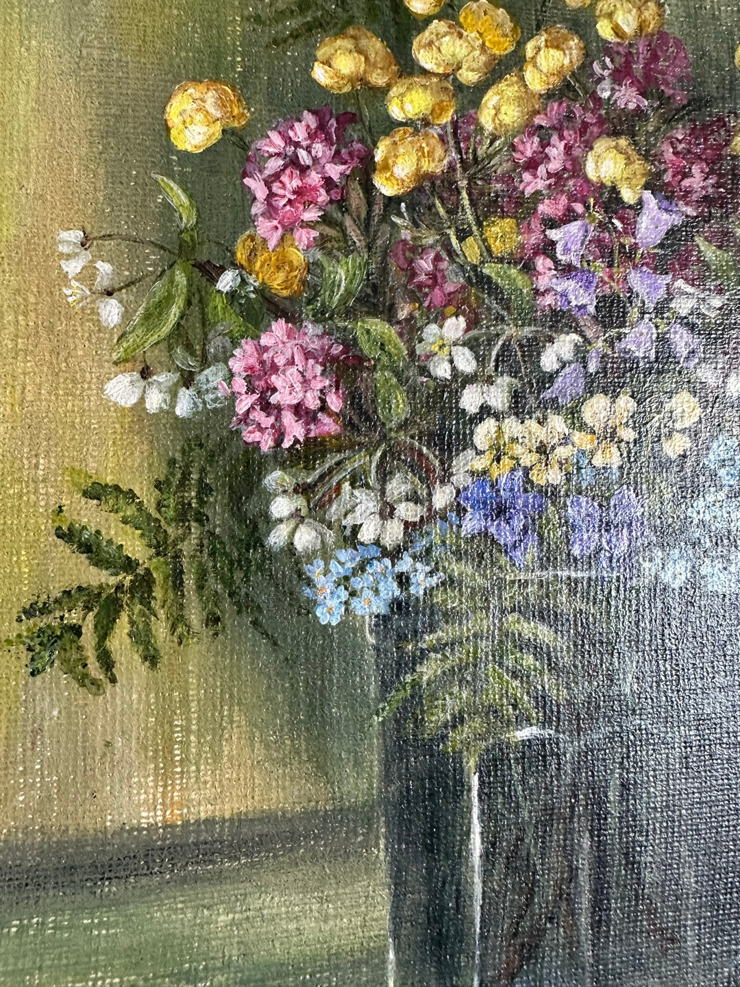 Peinture bouquet de fleurs sur toile signée fleurs roses jaunes et violettes