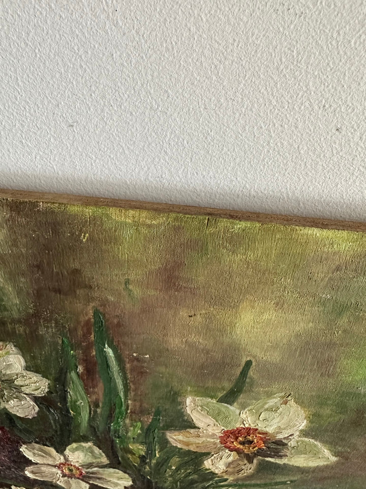 Peinture bouquet de fleurs signée fond vert années 66