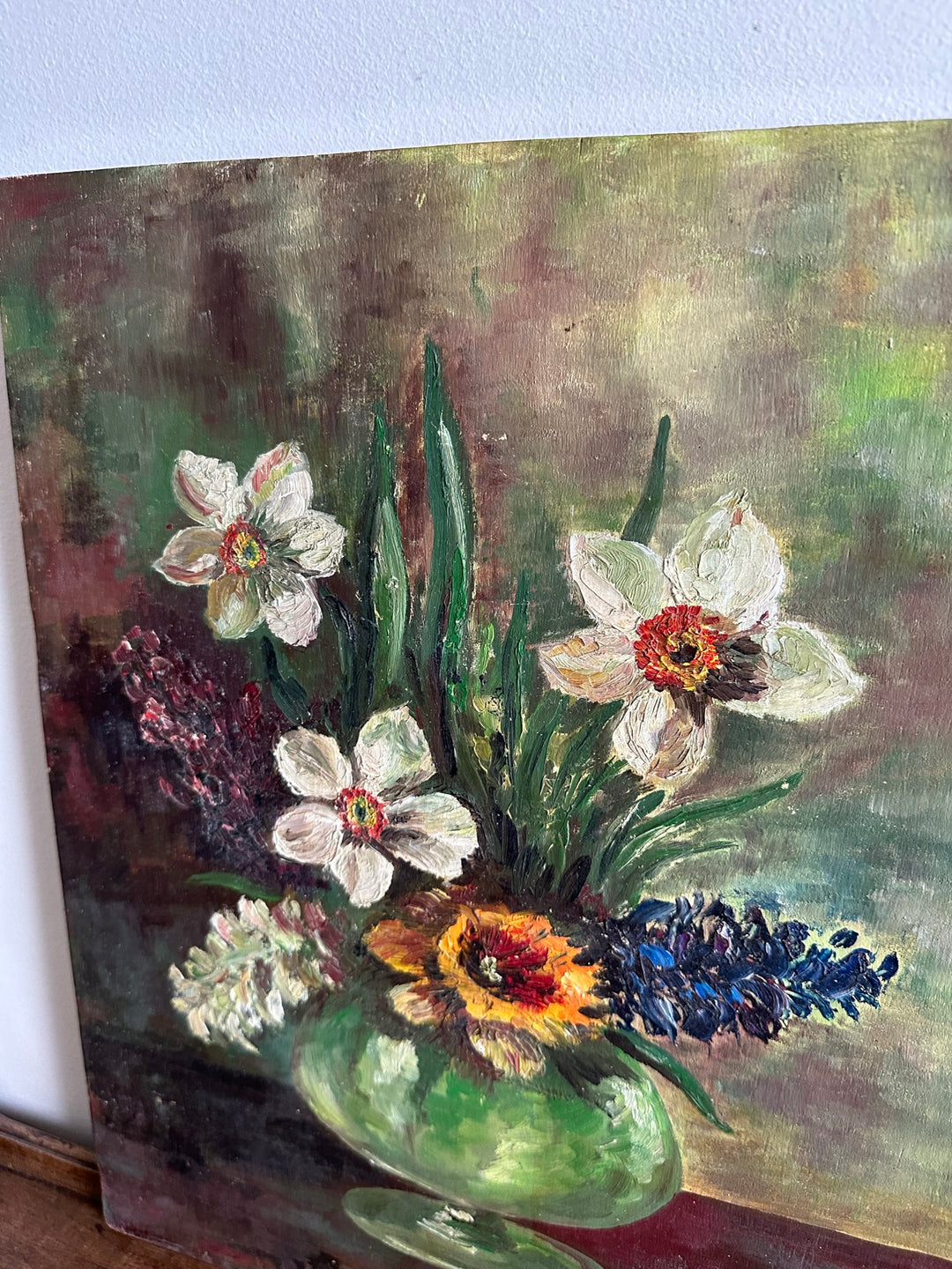 Peinture bouquet de fleurs signée fond vert années 66
