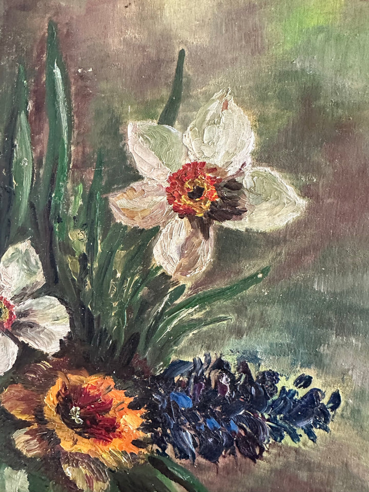 Peinture bouquet de fleurs signée fond vert années 66
