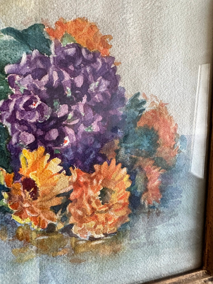 Aquarelle bouquet de fleurs sur l'eau signée cadre en bois doré