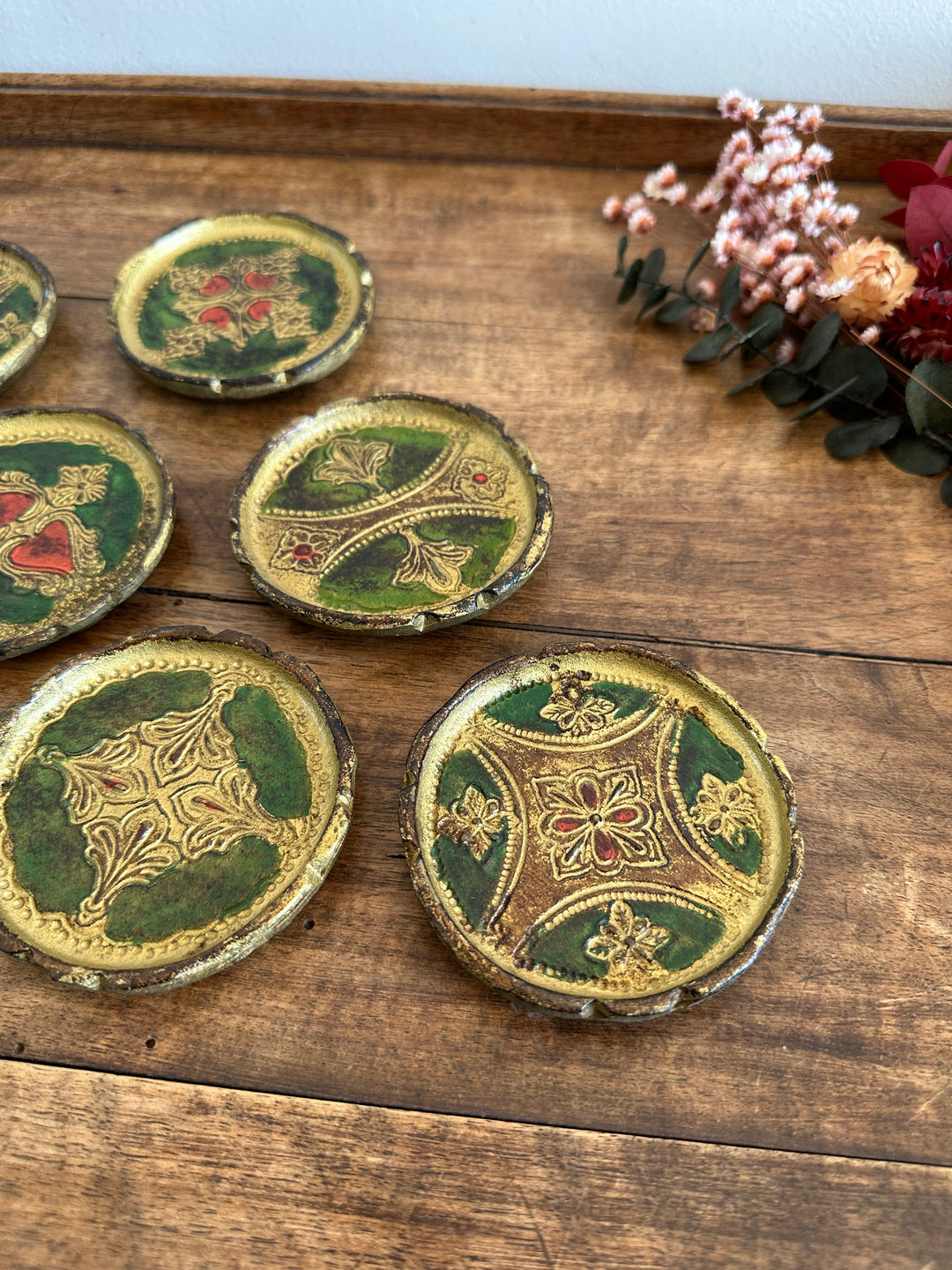 Sous verre en bois florentin or et vert x 6