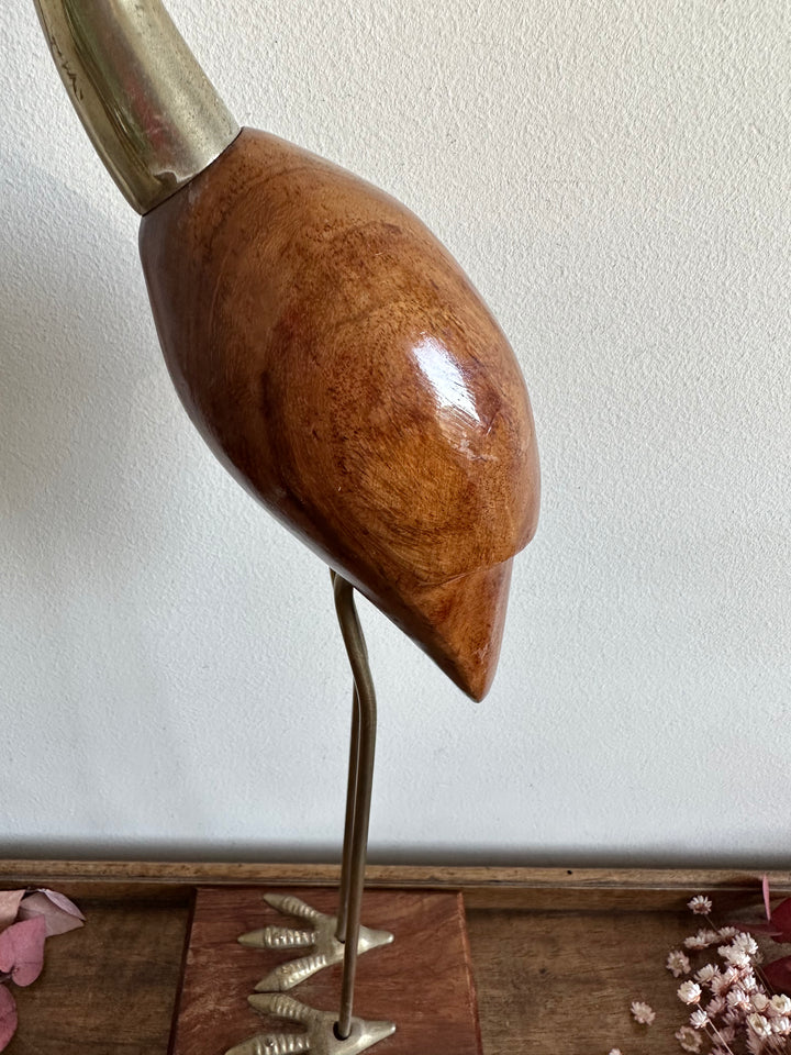 Héron en bois pied en laiton sur socle rectangulaire