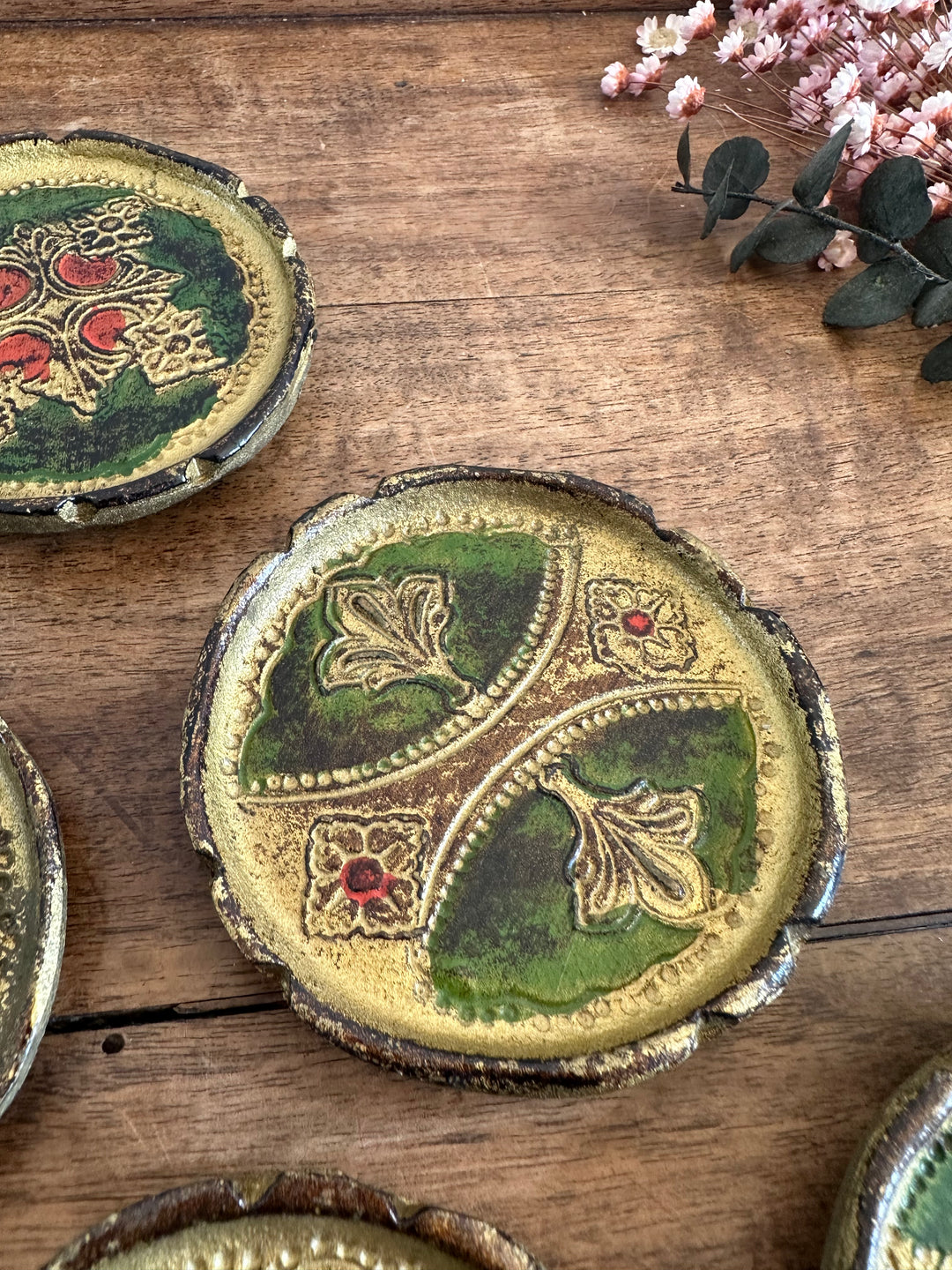 Sous verre en bois florentin or et vert x 6
