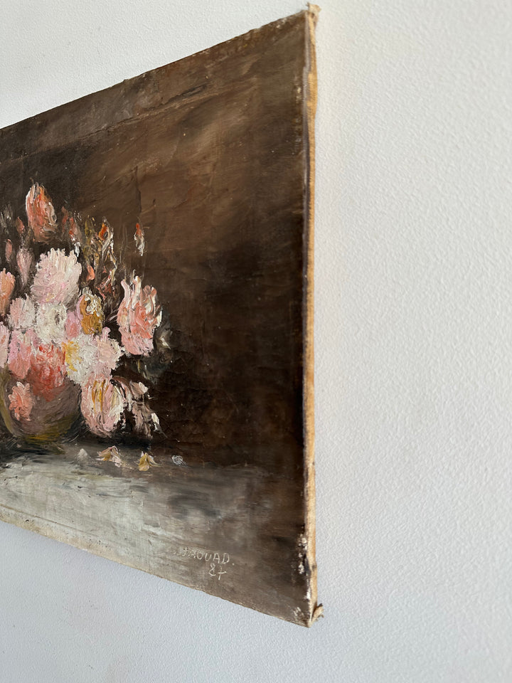 Peinture à l'huile sur toile signée, fond sombre fleurs roses