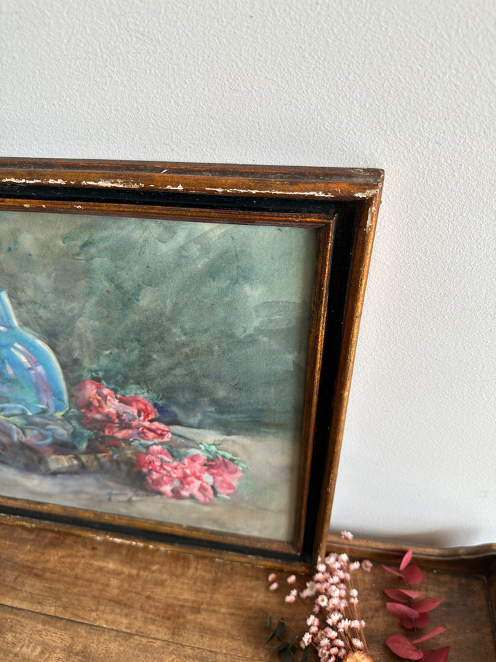 Peinture fleurs roses sur fond bleu cadre en bois bleu et or