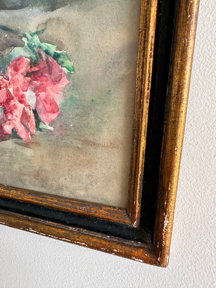 Peinture fleurs roses sur fond bleu cadre en bois bleu et or
