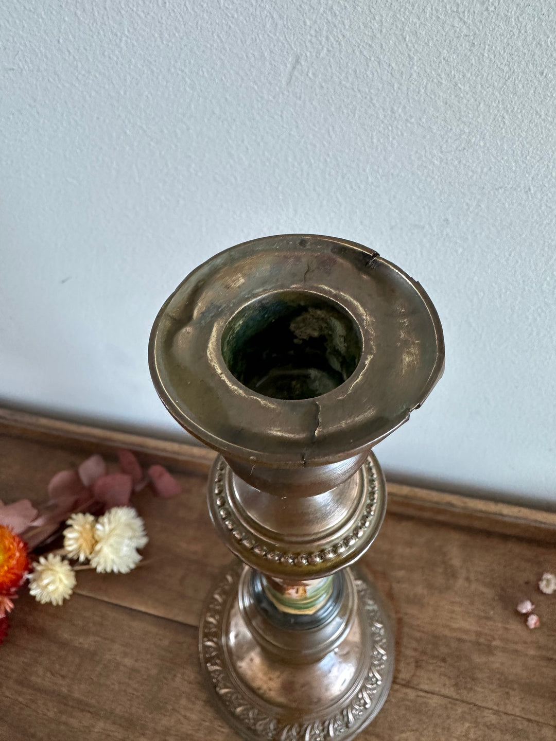 Bougeoir en cuivre et porcelaine peinte à la main 19ème