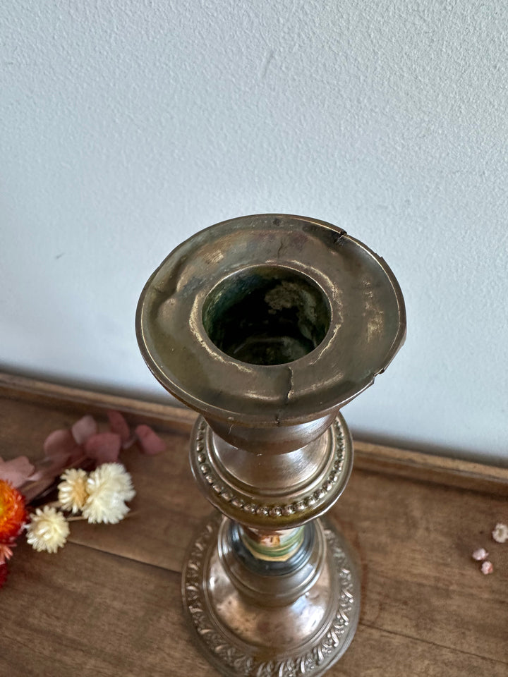 Bougeoir en cuivre et porcelaine peinte à la main 19ème