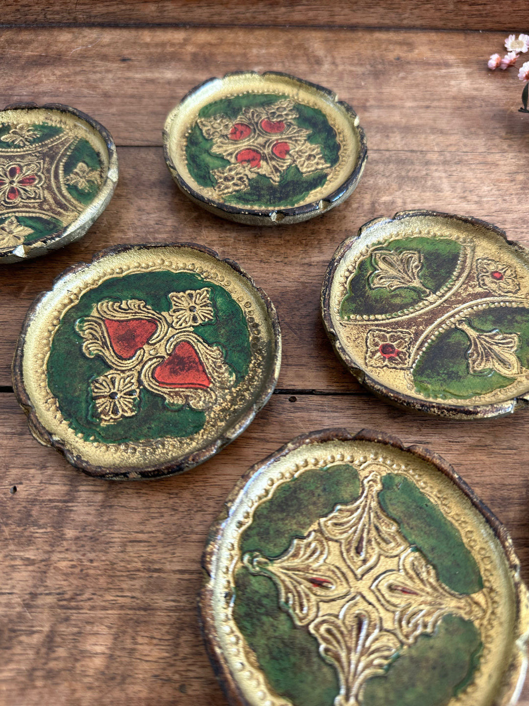 Sous verre en bois florentin or et vert x 6
