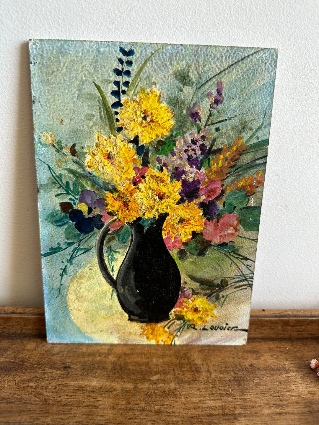 Peinture bouquet de fleurs signée sur carton années 70