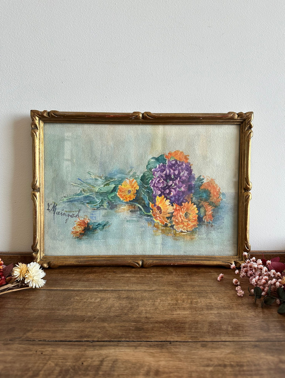 Aquarelle bouquet de fleurs sur l'eau signée cadre en bois doré