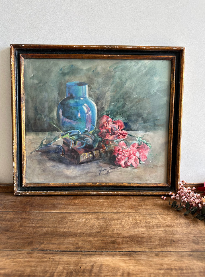 Peinture fleurs roses sur fond bleu cadre en bois bleu et or