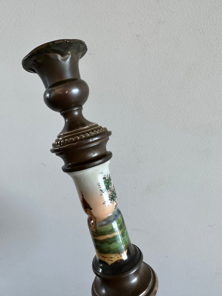Bougeoir en cuivre et porcelaine peinte à la main 19ème