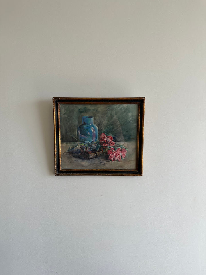 Peinture fleurs roses sur fond bleu cadre en bois bleu et or