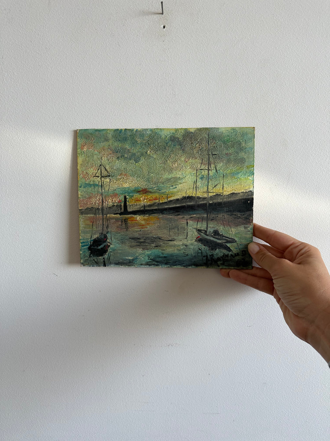 Peinture marine phare et coucher de soleil signée
