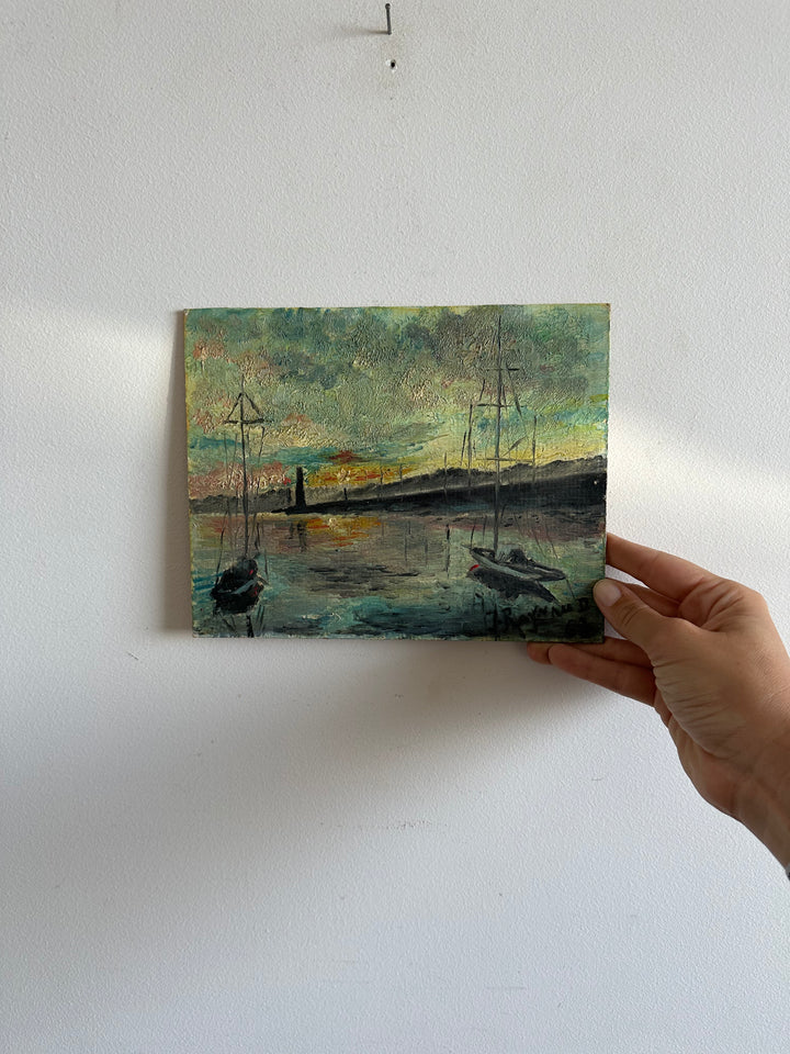 Peinture marine phare et coucher de soleil signée