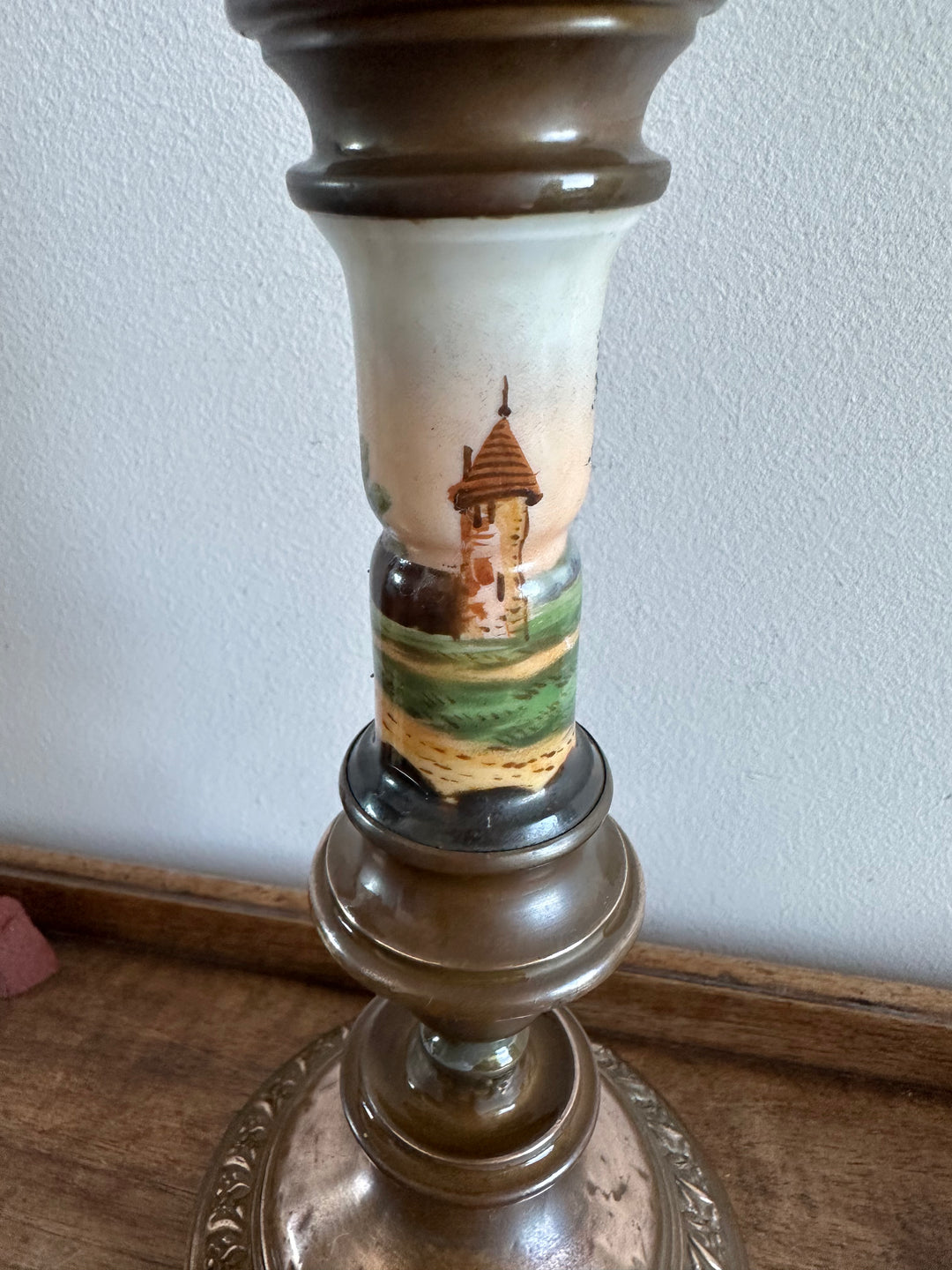 Bougeoir en cuivre et porcelaine peinte à la main 19ème