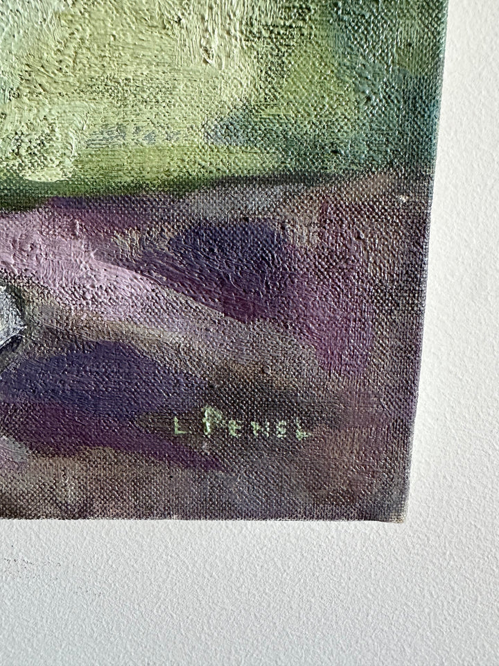 Bouquet de fleurs sur toile fond vert et table violette