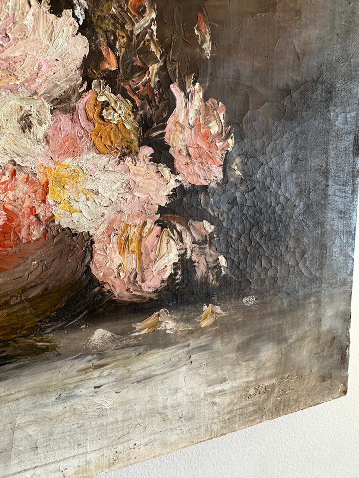 Peinture à l'huile sur toile signée, fond sombre fleurs roses
