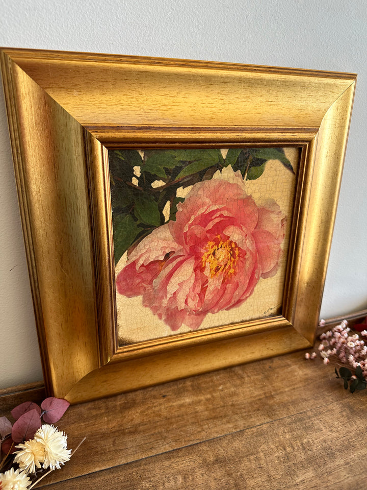 Toile marouflée sur bois représentant une rose dans son cadre épais doré