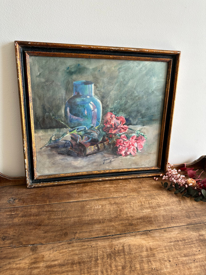 Peinture fleurs roses sur fond bleu cadre en bois bleu et or