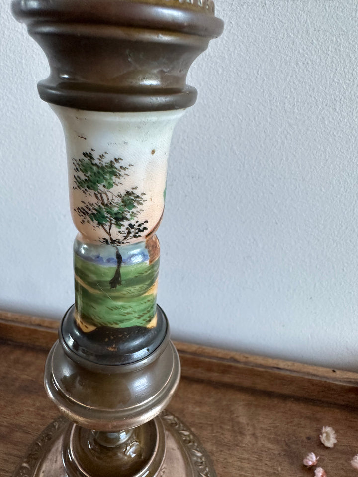 Bougeoir en cuivre et porcelaine peinte à la main 19ème
