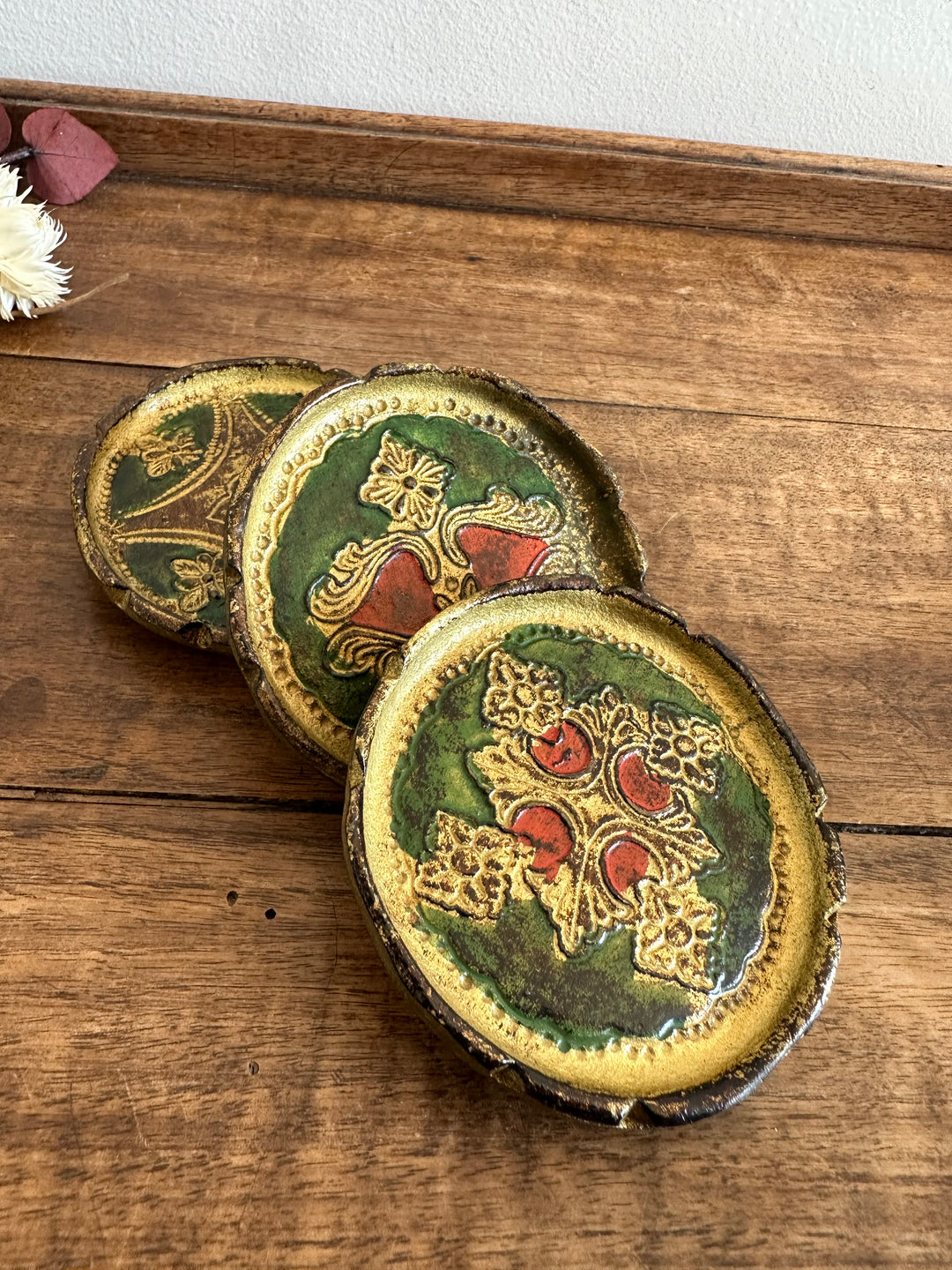 Sous verre en bois florentin or et vert x 6