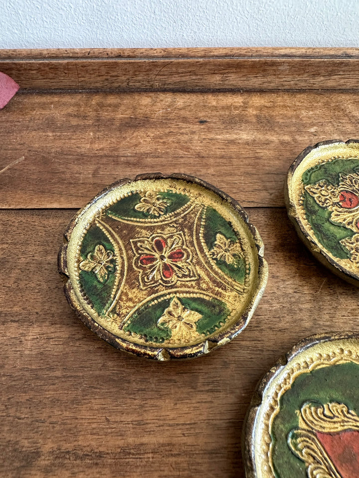 Sous verre en bois florentin or et vert x 6