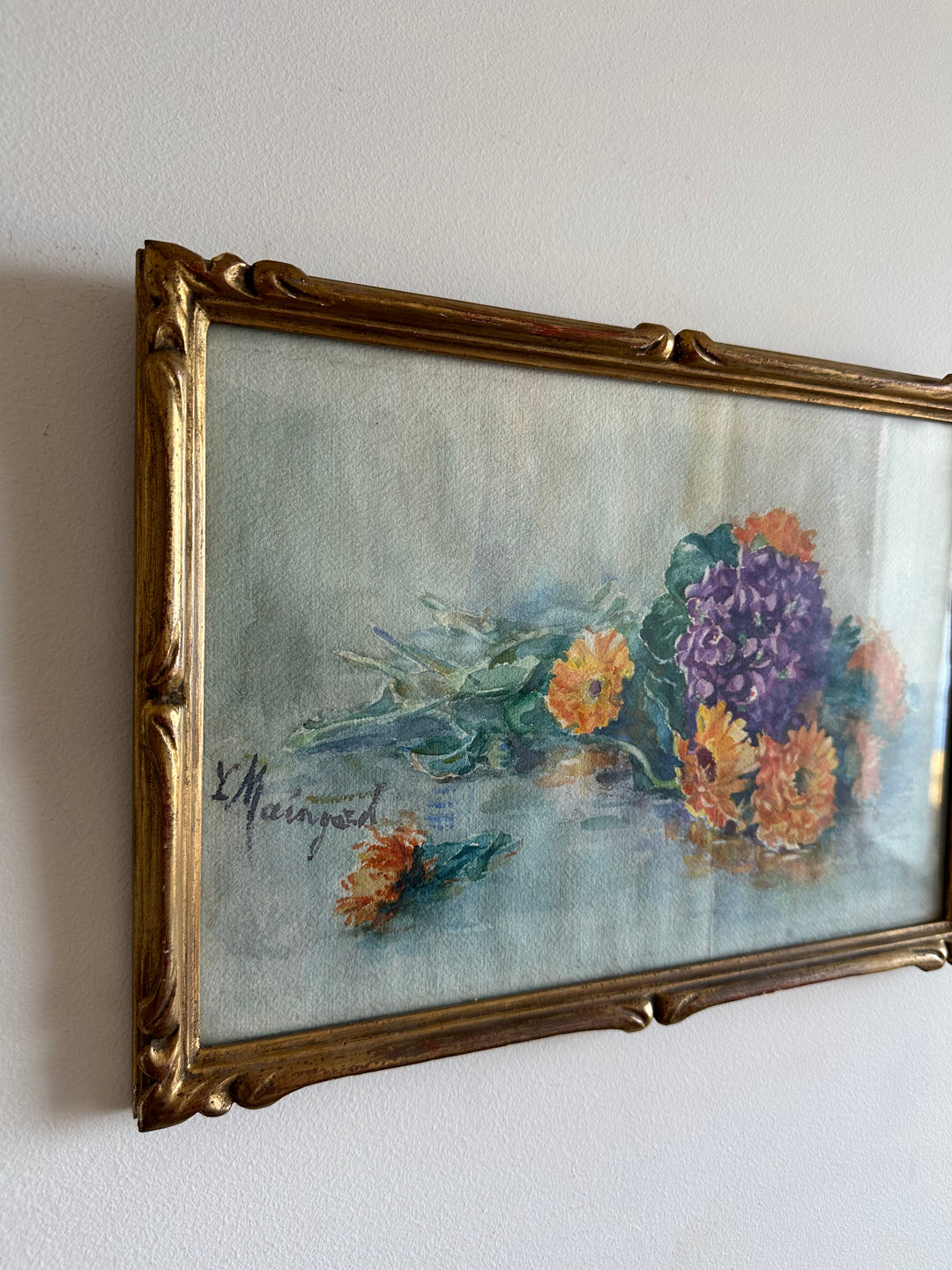Aquarelle bouquet de fleurs sur l'eau signée cadre en bois doré