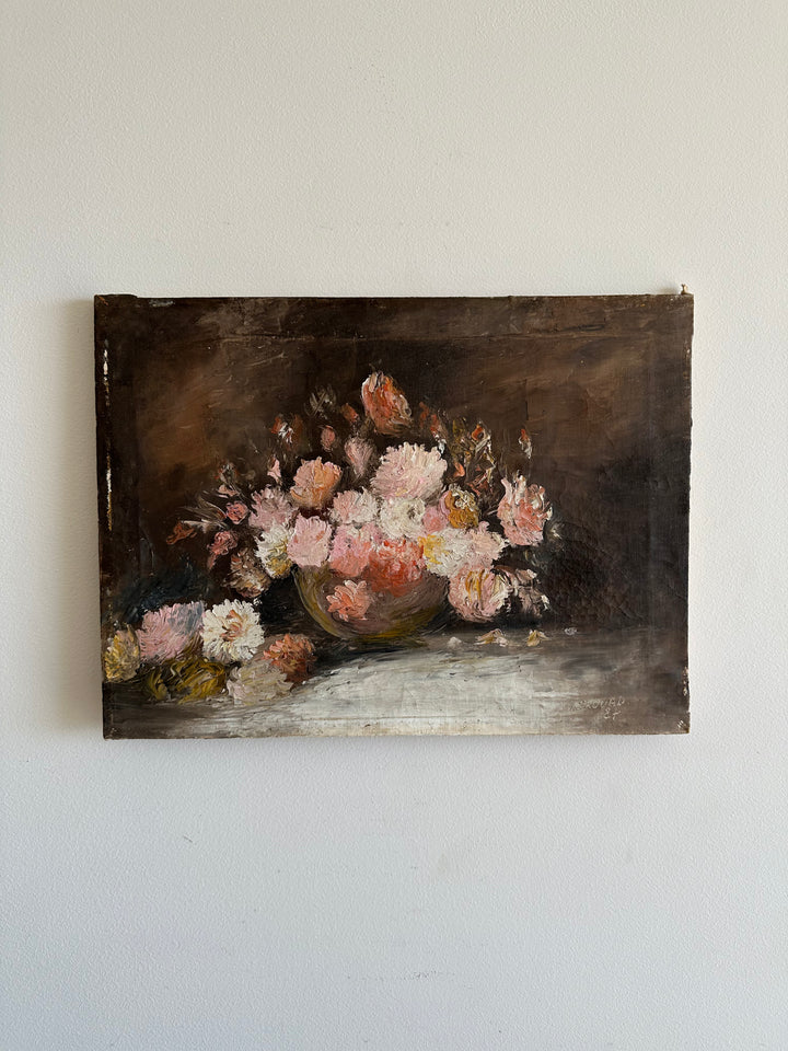 Peinture à l'huile sur toile signée, fond sombre fleurs roses