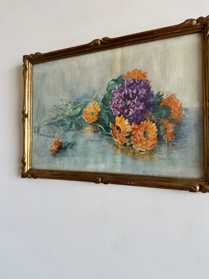 Aquarelle bouquet de fleurs sur l'eau signée cadre en bois doré