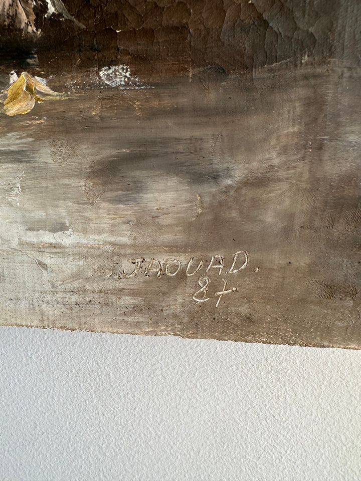 Peinture à l'huile sur toile signée, fond sombre fleurs roses