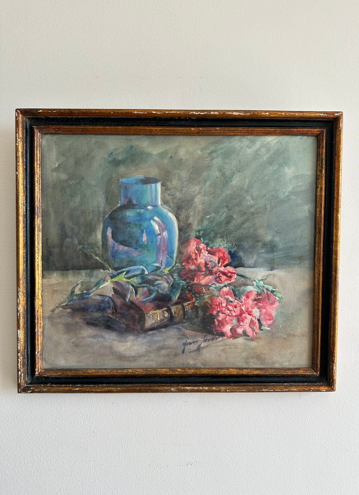 Peinture fleurs roses sur fond bleu cadre en bois bleu et or