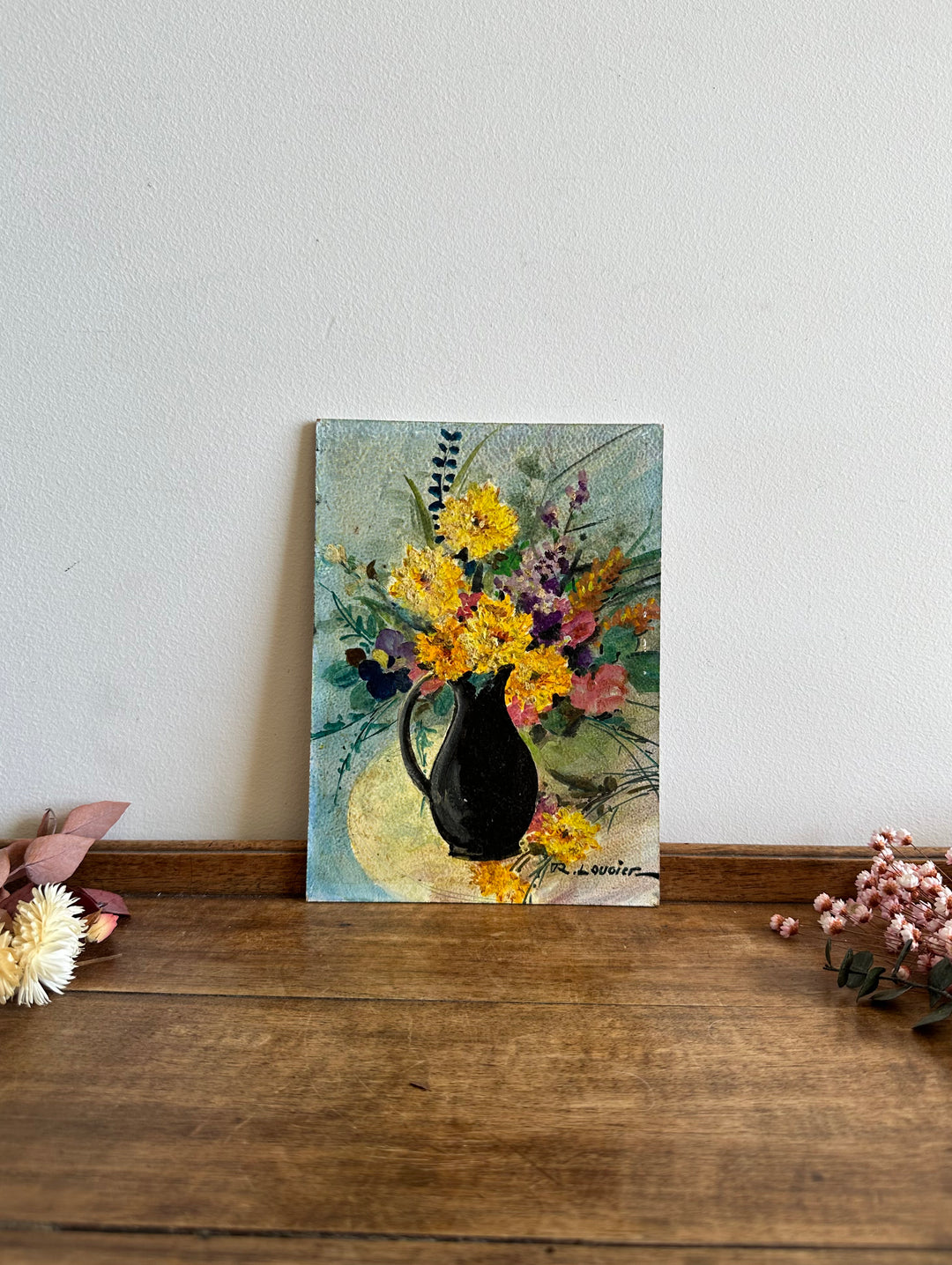 Peinture bouquet de fleurs signée sur carton années 70