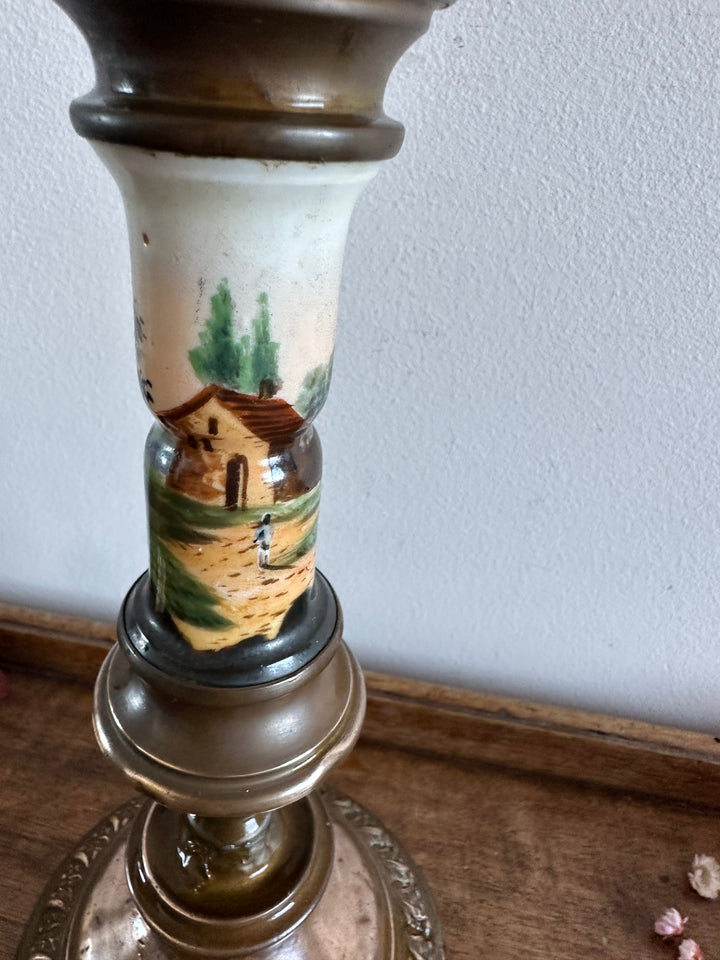 Bougeoir en cuivre et porcelaine peinte à la main 19ème