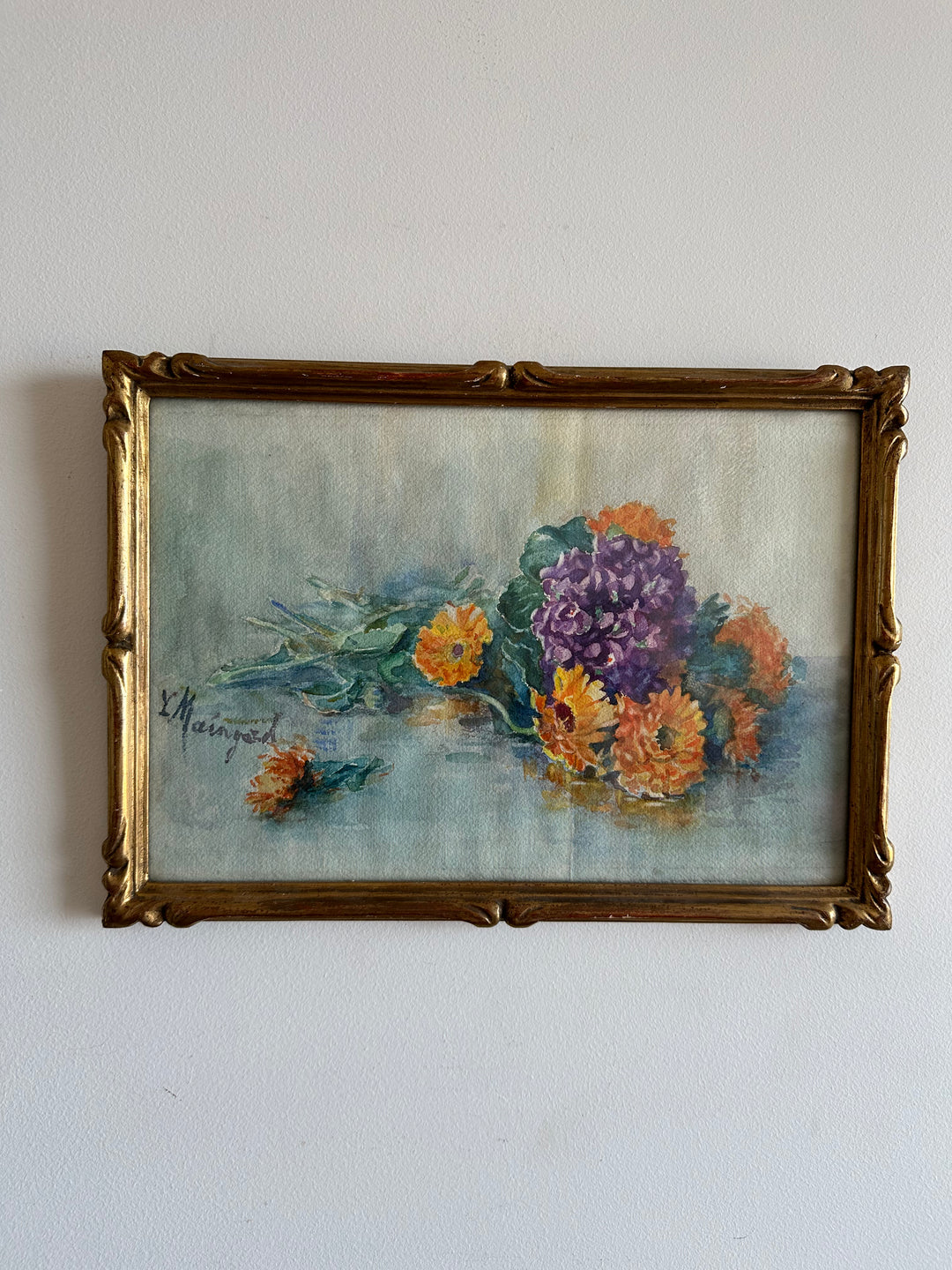 Aquarelle bouquet de fleurs sur l'eau signée cadre en bois doré
