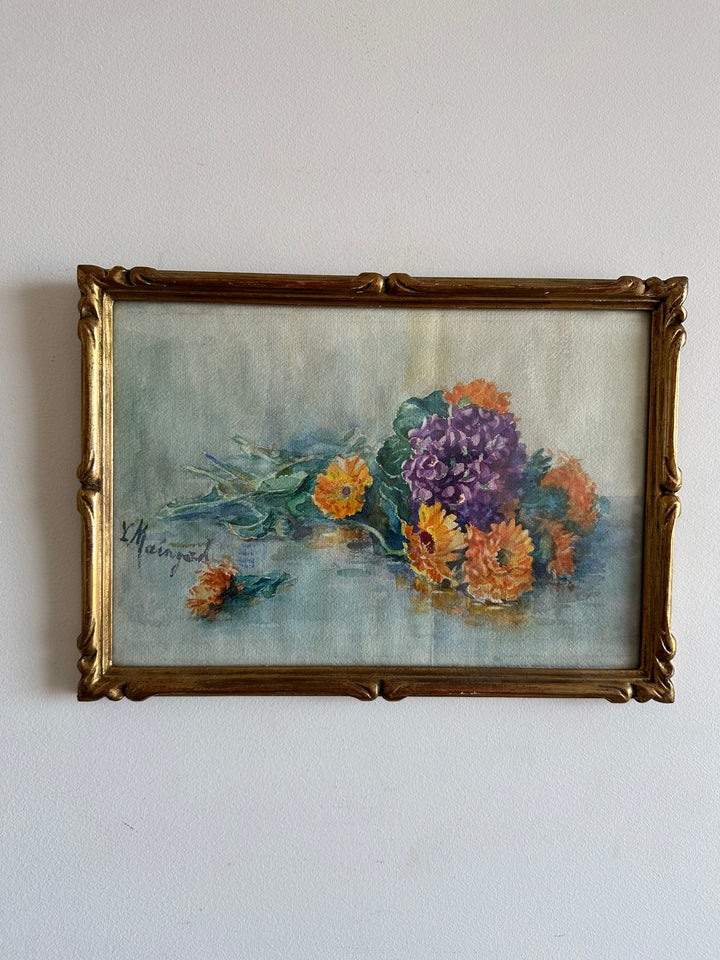 Aquarelle bouquet de fleurs sur l'eau signée cadre en bois doré