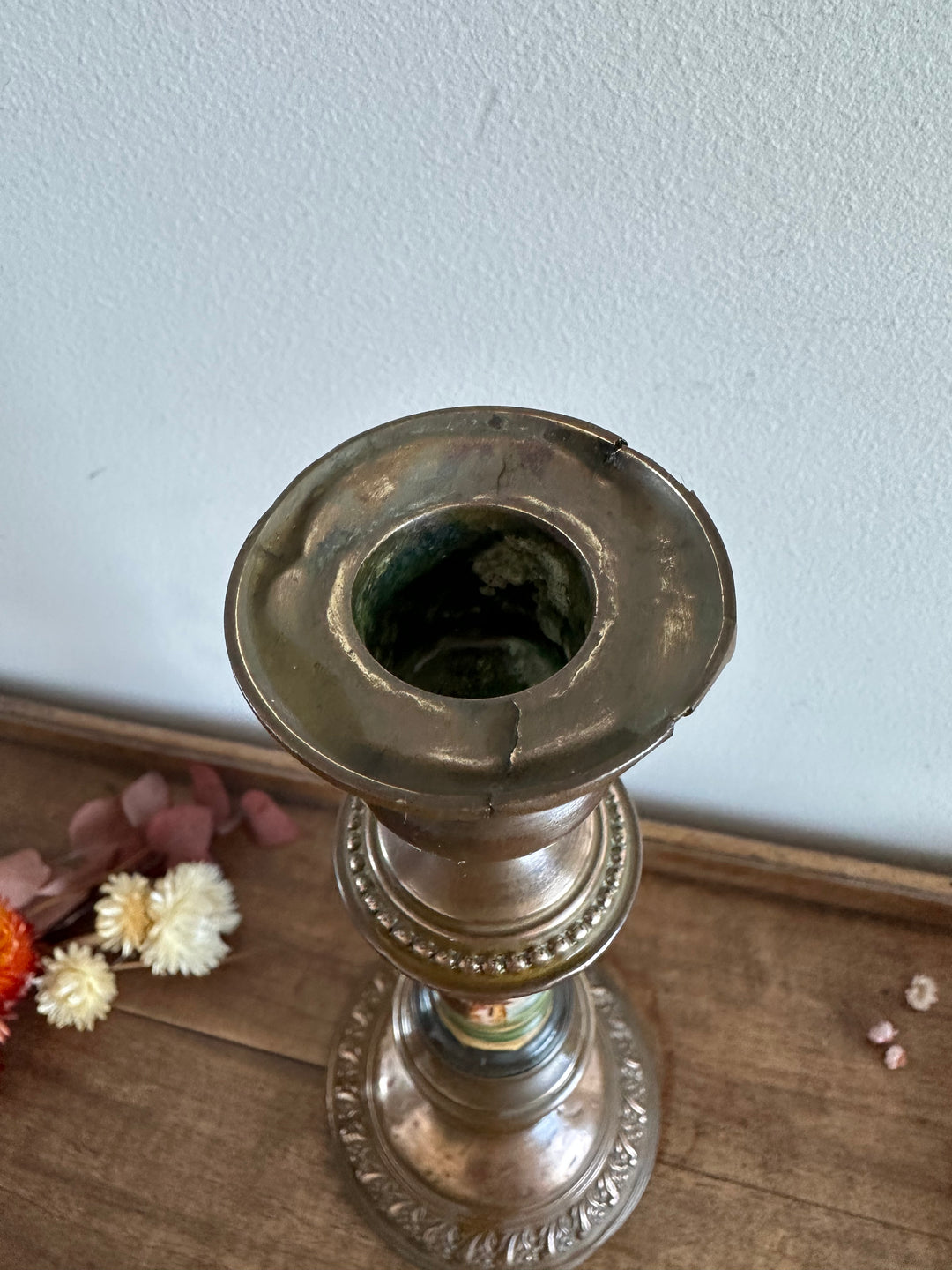 Bougeoir en cuivre et porcelaine peinte à la main 19ème