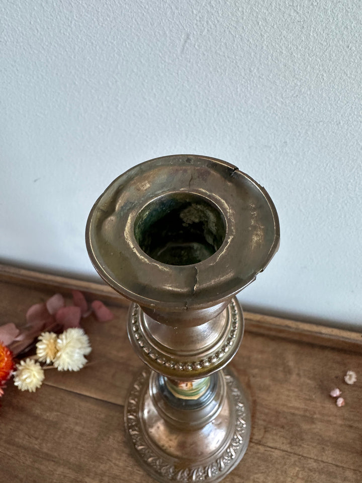 Bougeoir en cuivre et porcelaine peinte à la main 19ème