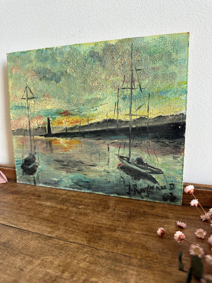 Peinture marine phare et coucher de soleil signée