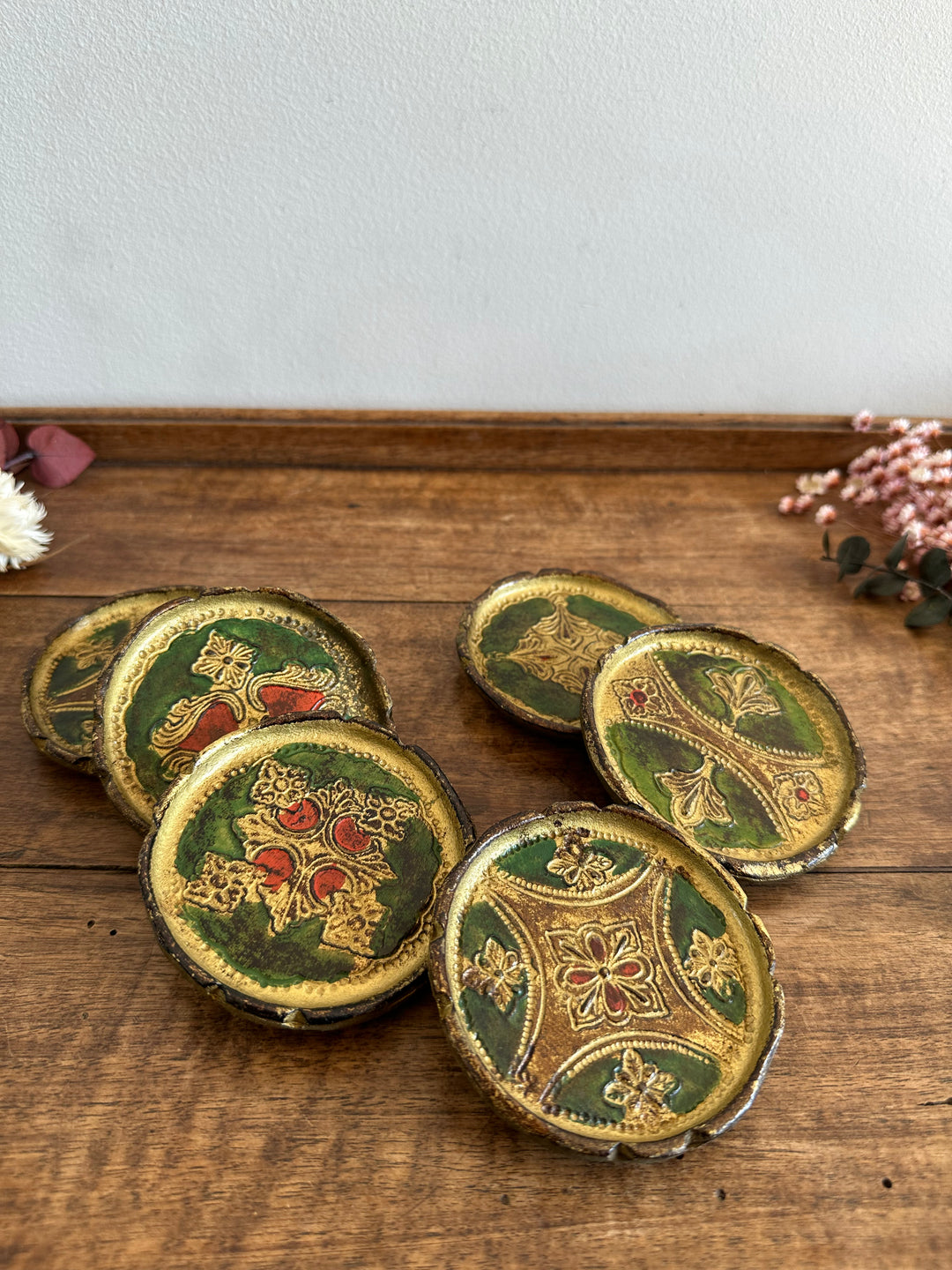 Sous verre en bois florentin or et vert x 6